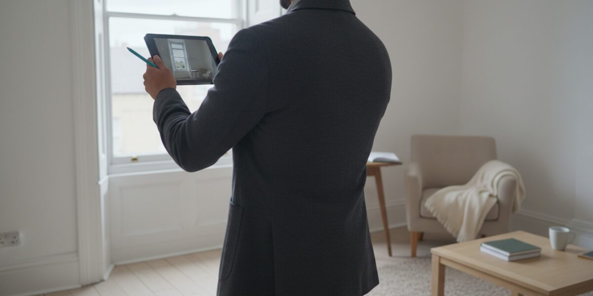 Mid-term inspection in a London rental — inventory clerk documenting property condition with a tablet