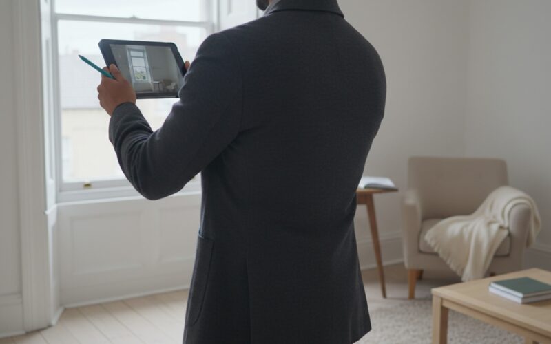 Mid-term inspection in a London rental — inventory clerk documenting property condition with a tablet