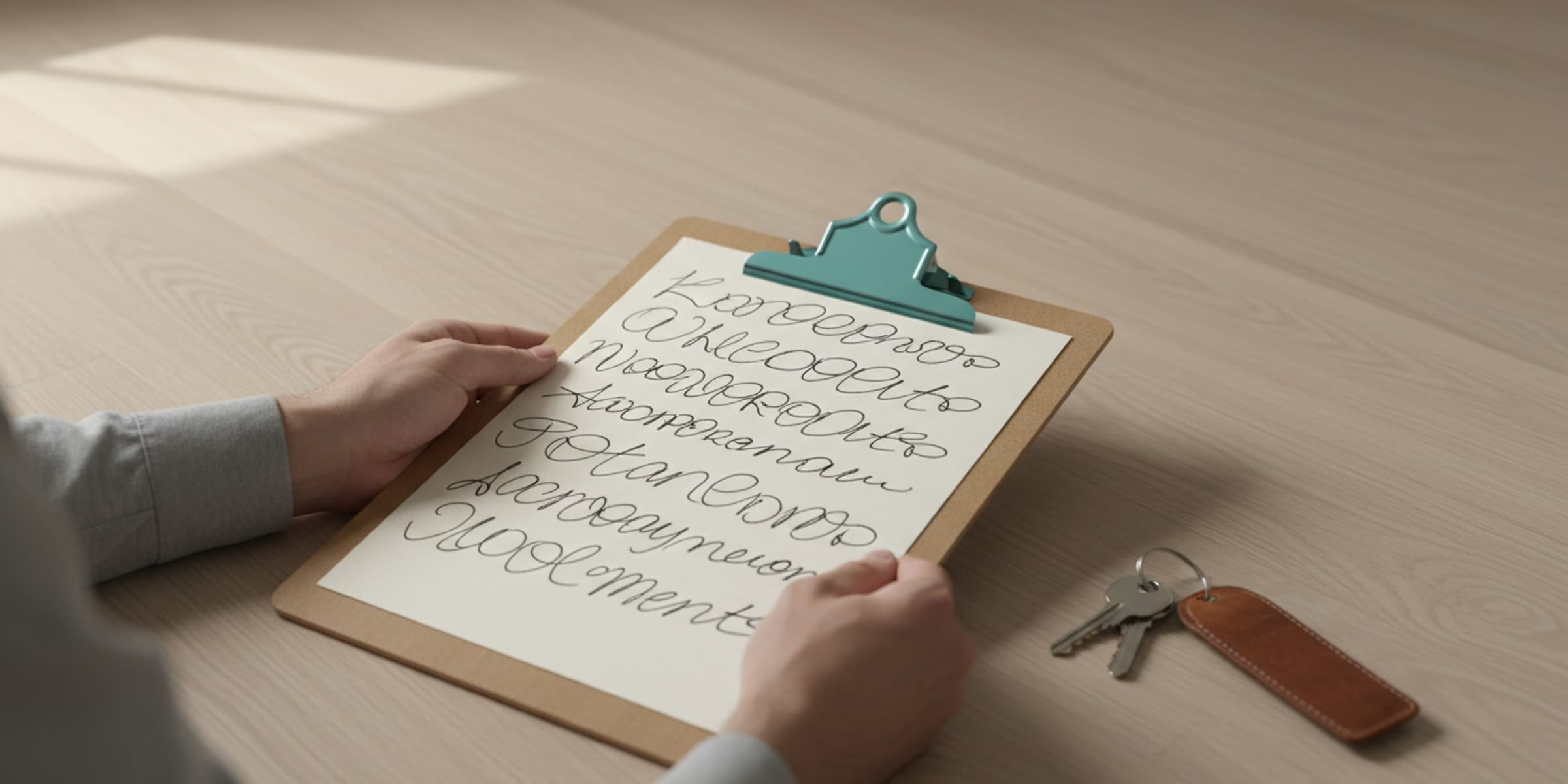 Professional inventory clerk documenting property condition with clipboard and keys