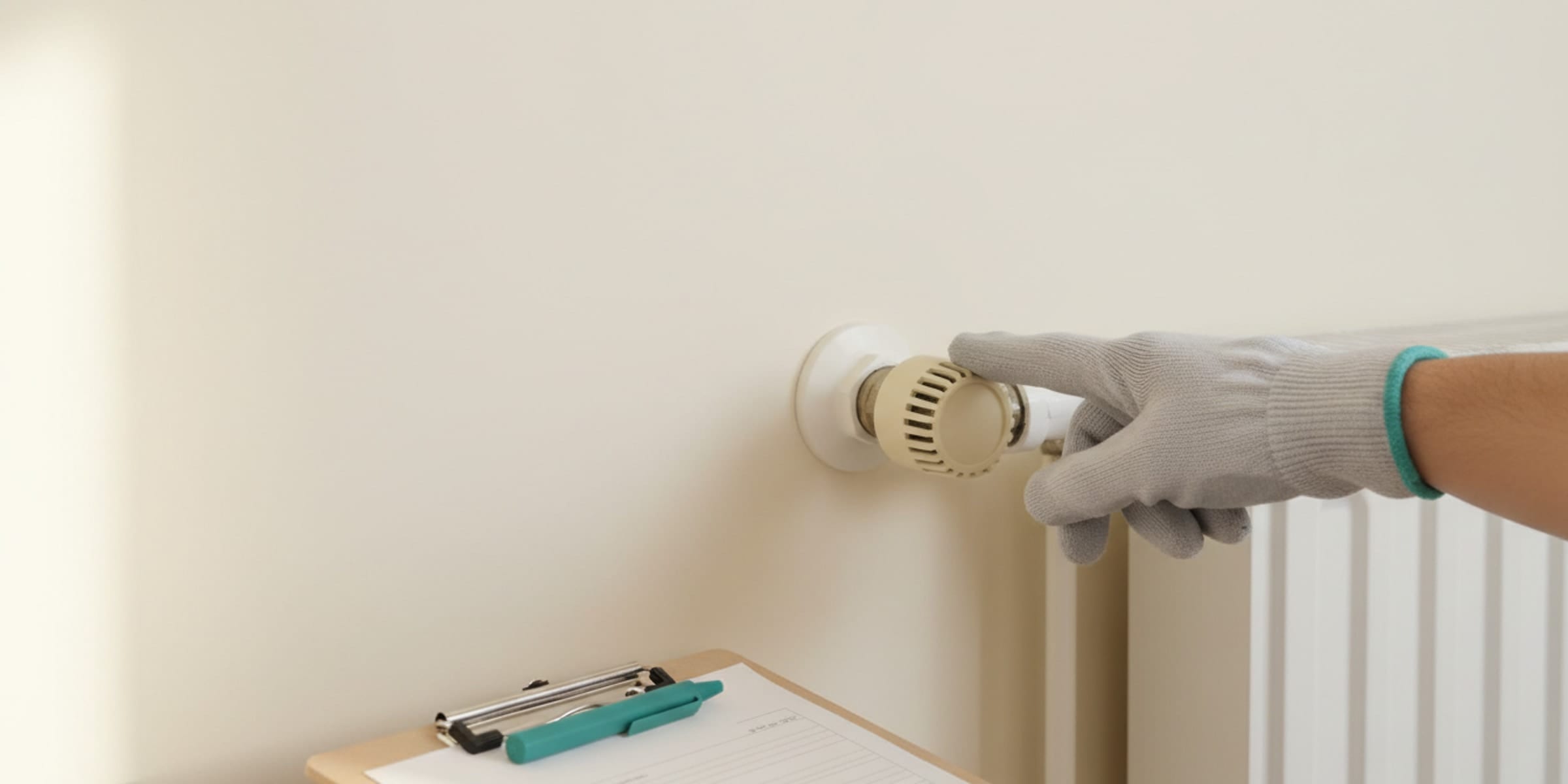 Inventory clerk inspecting radiator valve during property inspection