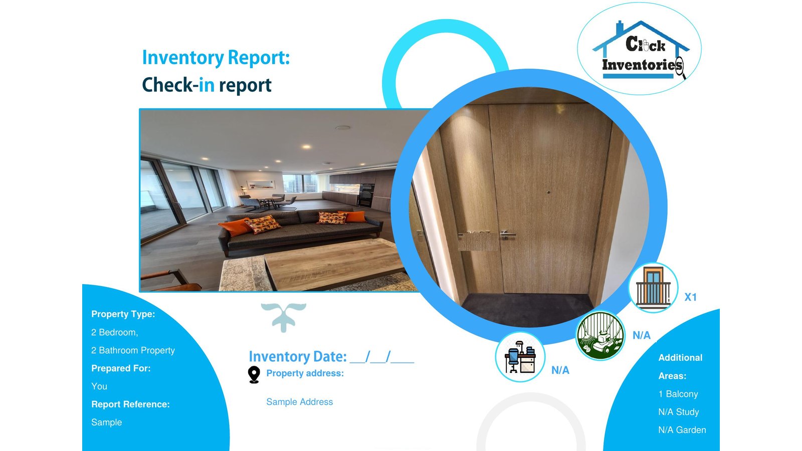 Inventory report example — cover page showing property reference, inspection date, and AIIC clerk credentials