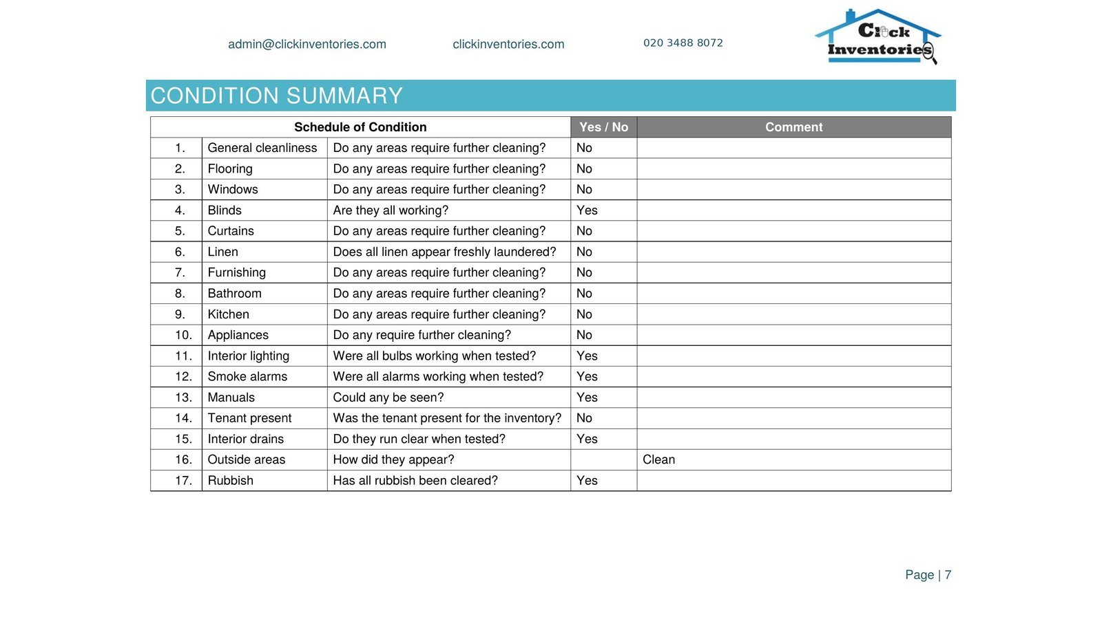 Inventory report example — schedule of condition page with room-by-room AIIC-standard written assessment