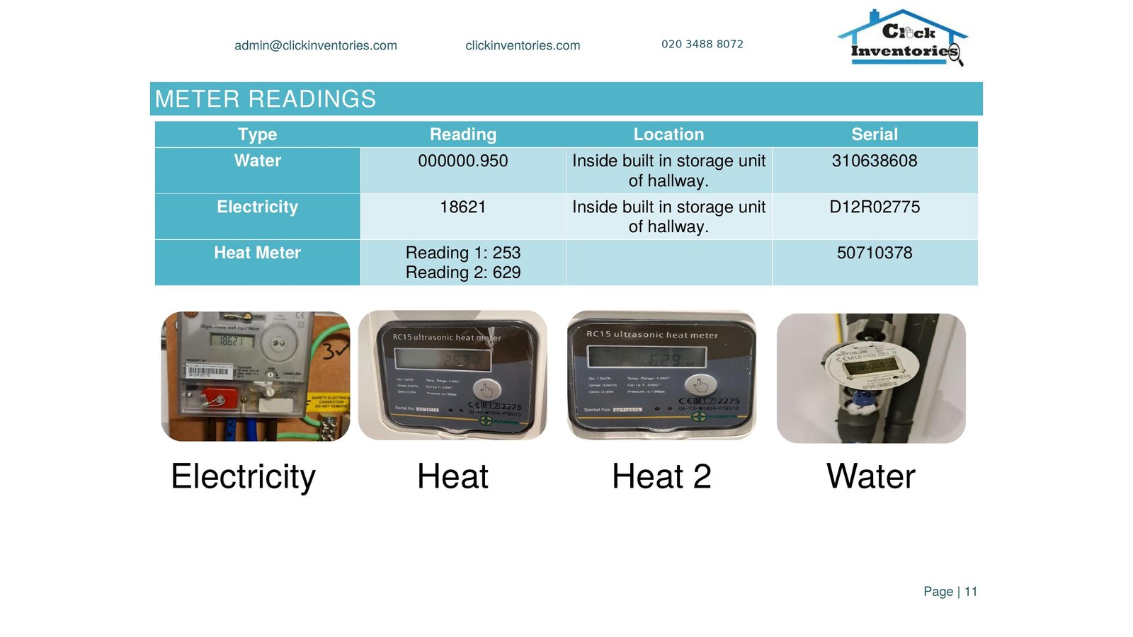 Inventory report example — meter readings page with gas, electric, and water serial numbers and meter-face photos