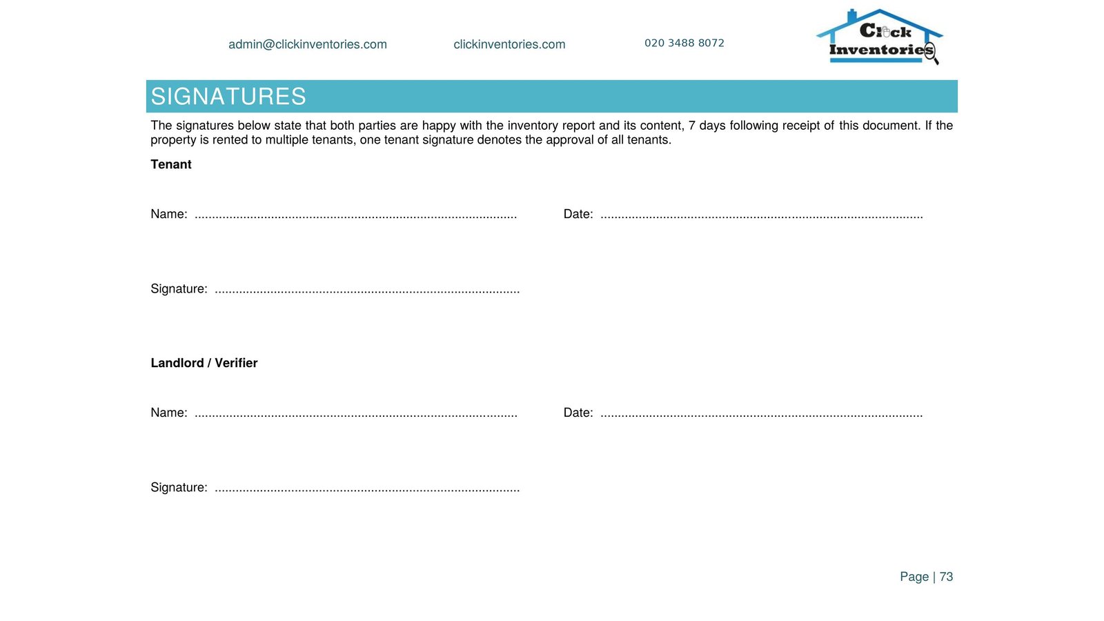 Inventory report example — sign-off page with redacted landlord and tenant signatures, clerk signature visible
